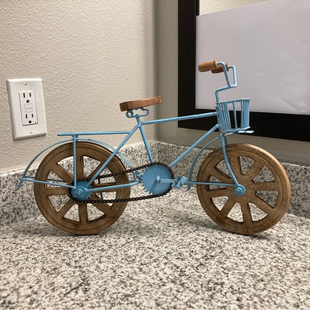 Vintage Style Decorative Bicycle w/ Wood Seat, Handles & Wheels, Sky Blue Frame.